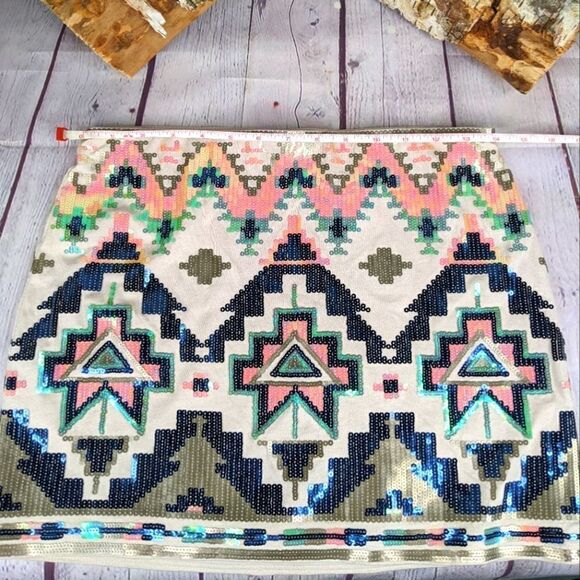 Express Aztec Sequin Embellished Fully Lined Mini Skirt - Picture 6 of 14
